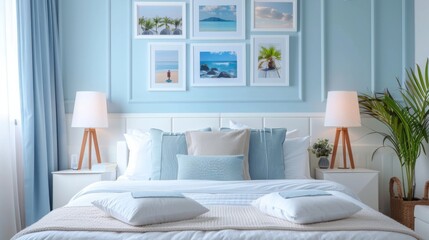 A comfortable bedroom featuring a large bed with white and blue bedding, ocean-themed artwork, wooden lamps, and a potted plant.