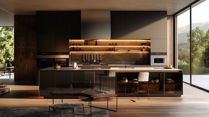 Contemporary kitchen with a large island, high-end appliances, and a minimalist design