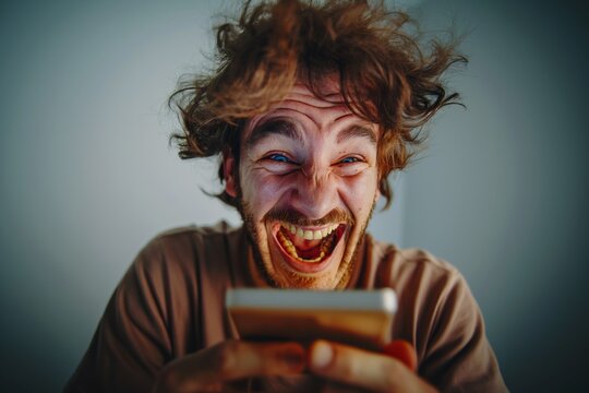 Hysterischer Mann mit Smartphone, Hysterical man with smartphone