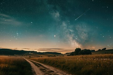 Naklejka na ściany i meble Starry sky over the countryside with a shooting star, fields and roads in springtime at night.