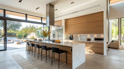 Contemporary kitchen with a large island, sleek appliances, and a minimalist design