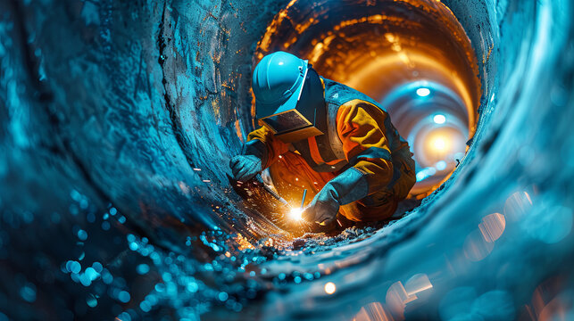 Industrial welder working inside a pipe, welding during the construction of a natural gas and fuel transport pipeline. Clean green power and energy concept.