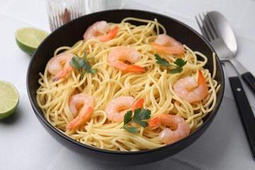 Tasty spaghetti with shrimps and parsley in bowl on light tiled table, closeup