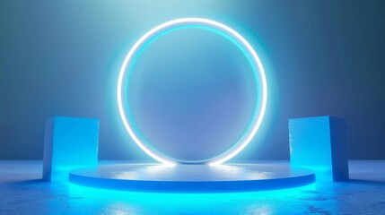 Podium background 3D light tech stage future platform game abstract. Podium 3D background technology room product circle glow effect portal stand studio scene white design ring modern display space
