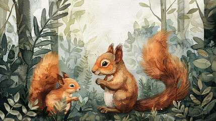 watercolor illustration of squirrel mouther and squirrel baby in the forest