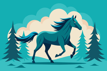 Naklejka premium Drawing the silhouette of running horse with forest vector background