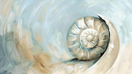 A detailed abstract painting of an elegant nautilus