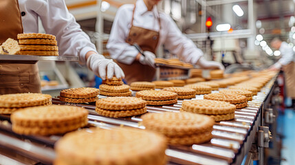 employees organize cookies on a conveyor belt within a food production facility