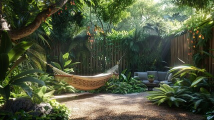 Detailed view of a forest-style garden with a hammock hanging between trees and a fern-filled...