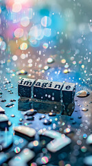 Imagine text on wet surface with colorful bokeh and rain drops