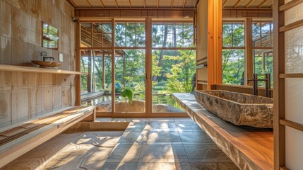 Detailed view of a Japanese bathroom with a wooden bench, stone sink, and natural light from large windows - Powered by Adobe