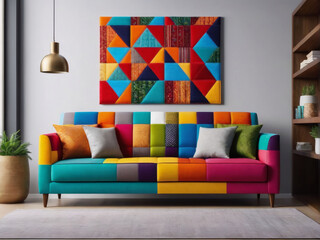 Copy space banner, ultra detailed, dof, Modern living room with an ethnic interior featuring a colorful patchwork sofa.