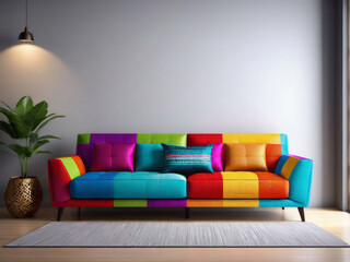 Copy space banner, ultra detailed, dof, Modern living room with an ethnic interior featuring a colorful patchwork sofa.