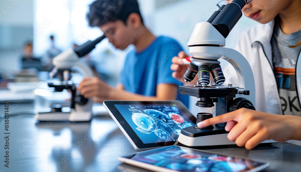 Poster a close-up image of students using digital microscopes connected to tablets, exploring detailed imag