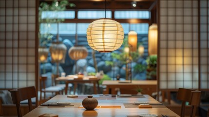 Detailed view of a Japanese-style dining area with shoji screen partitions and a central hanging...