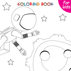 Space adventure. Astronaut and asteroid. Coloring book page template for kids .