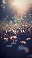 Imagine text in meadow with sunlight and dewy bokeh background