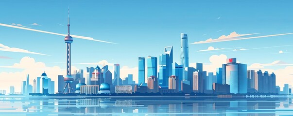 Fototapeta premium Illustrate a city skyline from an eye-level perspective in a minimalist style, incorporating clean lines and simple forms to emphasize modernity