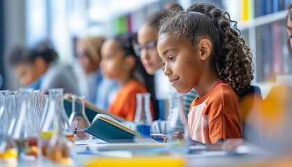 a close-up image of a student reading a textbook while the teacher explains the lesson at the front of the class, Students, teachers, science projects, homework, with copy space