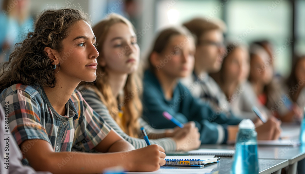 Poster a detailed image of students taking notes while listening to a teacher's lecture, with focus on thei