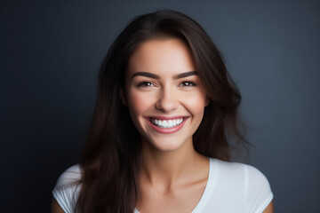 Fototapeta premium Big bright white smile headshot with a beautiful brunette woman sincere happy cheerful positive expression