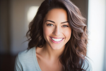 Naklejka premium Big bright white smile headshot with a beautiful brunette woman sincere happy cheerful positive expression