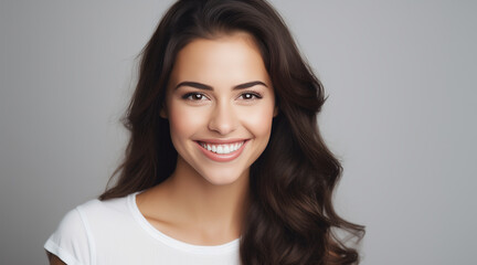 Fototapeta premium Big bright white smile headshot with a beautiful brunette woman sincere happy cheerful positive expression