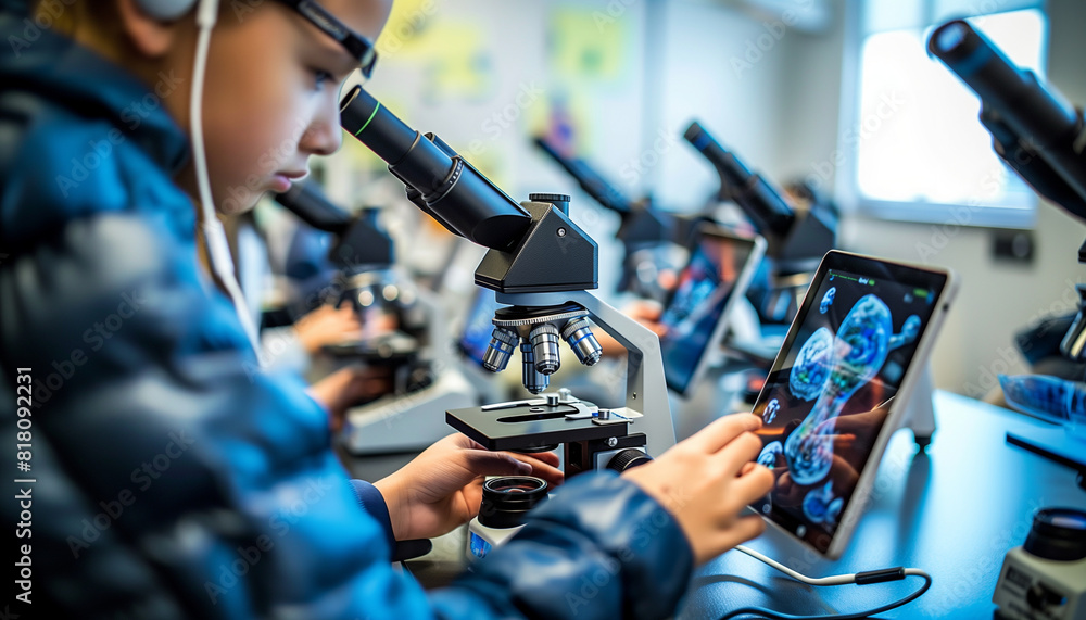 Poster a close-up image of students using digital microscopes connected to tablets, exploring detailed imag
