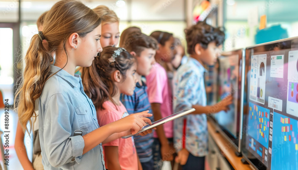 Poster a side view of a teacher using a tablet to control a smart board while students answer questions thr