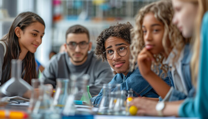 Obraz premium a detailed image of students participating in a group discussion, with the teacher moderating and providing feedback, Students, teachers, science projects, homework, with copy spac