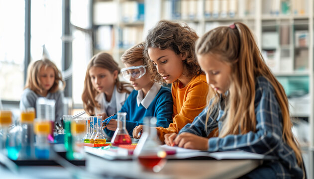 a side view of students working on a science project together, with a teacher providing guidance, Students, teachers, science projects, homework, with copy space