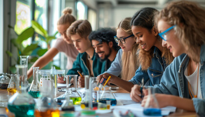 Obraz premium a side view of students working on a science project together, with a teacher providing guidance, Students, teachers, science projects, homework, with copy space