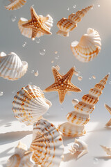 Levitating seashell and starfish surrounded by water droplet on light background