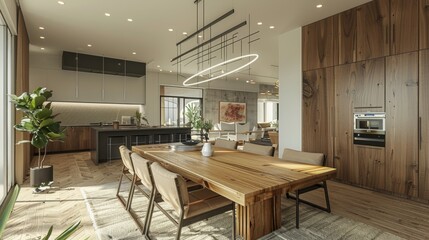 Detailed view of a modern dining room with a wooden table, designer chairs, and a chic chandelier