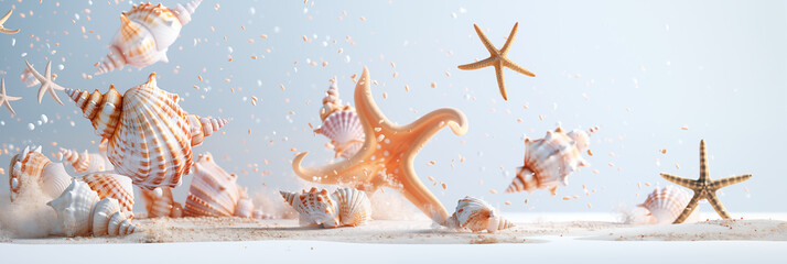 Levitating seashells and starfish exploding on sandy beach with particles in air banner. Panoramic web header. Wide screen wallpaper