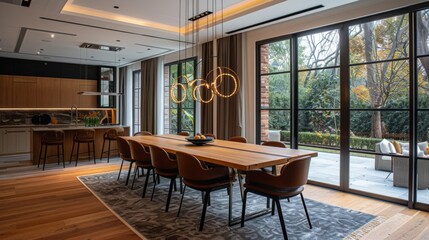 Detailed view of a modern dining room with a wooden table, designer chairs, and elegant lighting