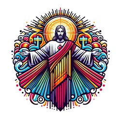 A colorful illustration of a jesus christ with arms outstretched illustration harmony art.