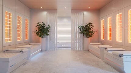 Fototapeta premium A serene modern spa lounge featuring infrared saunas, neatly folded towels, two large potted plants, and soft ambient lighting during the daytime.
