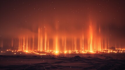 A magical winter scene light pillars shining bright against a sea of darkness.