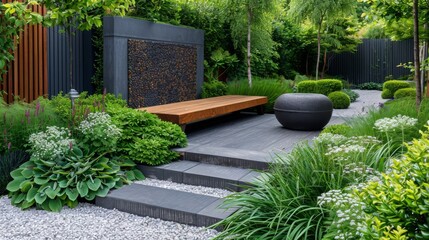 Detailed view of a modern garden with a simple wooden bench, lush greenery, and sculptural elements