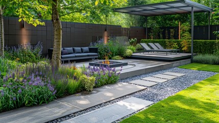 Fototapeta premium Detailed view of a modern garden with a stylish outdoor seating area, low-profile furniture, and a fire pit