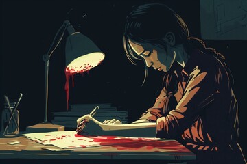 Young woman absorbed in writing thriller at a desk illuminated by a lamp, an artistic portrayal