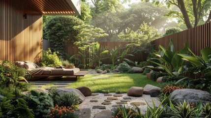 Detailed view of a modern home garden with a clean-lined wooden fence, lush greenery, and simple seating