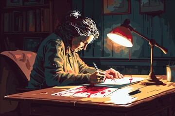 Middleaged female thriller homicide writer engrossed in writing at her desk with a lamp