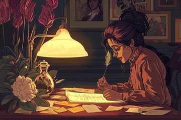 Middleaged female author pens her thoughts by lamplight, surrounded by inspiration
