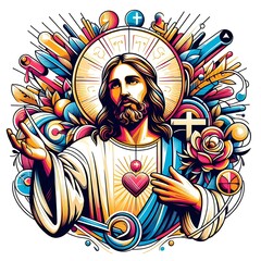 A colorful illustration of a jesus christ with his hands up has illustrative meaning realistic image.