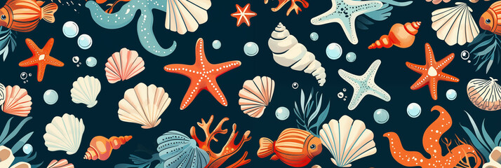 Colorful illustration of marine life including starfish, shell, coral, and seaweed on dark background banner. Panoramic web header. Wide screen wallpaper