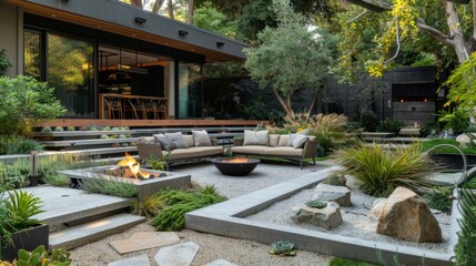 Detailed view of a modern home garden with stylish outdoor seating, low-profile furniture, and a fire pit