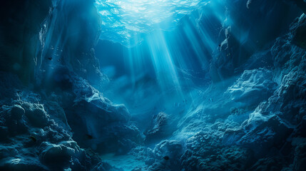 Deep Sea Water Abyss With Blue Sun light.