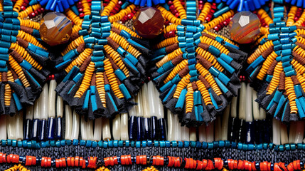 Fototapeta premium close uo of traditional colourful bead work by native americans, handy crafts,indigenous people